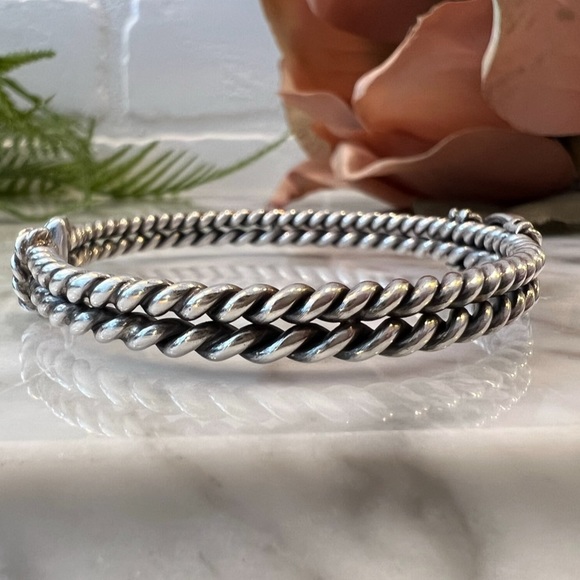 Vintage Handmade Genuine Turquoise Double Cable Cuff Bracelet Solid 925 Sterling - Picture 7 of 9